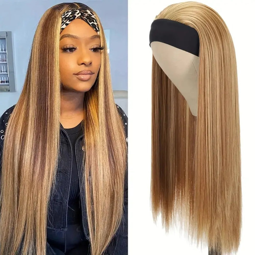 A 26-Inch Wig with Headband, Long Straight Headband, Integrated Natural Fashion Brown Golden Mixed Color Women'S Headband, Suitable for Daily Role-Playing, Halloween, Holiday Parties, Stage Performances, And Fashion Events