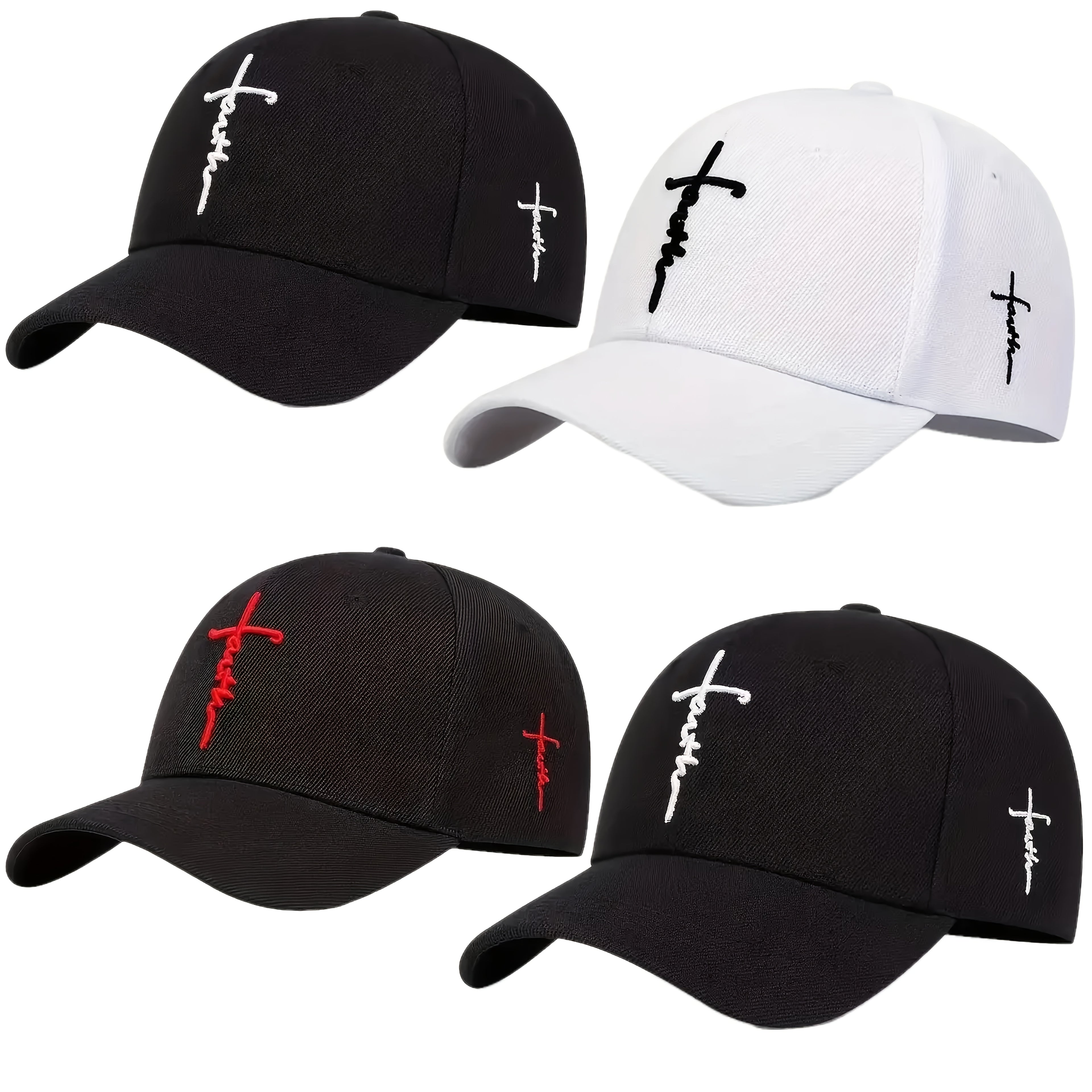 [4pcs Faith Cross-Stitch Caps] 4pcs Faith-Themed Cross-Stitch Baseball Caps | Adjustable Strap, Lightweight Polyester, Solid Color | Non-Elastic Casual Sports Cap, Sun Hat for Men & Women | Perfect for Travel, Beach, Outdoor Activities