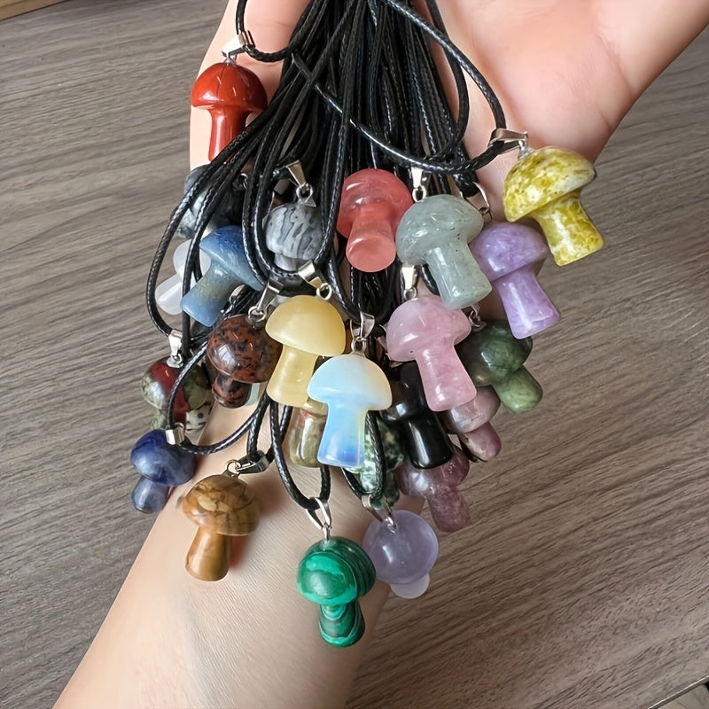 20pcs Random Mini Mushroom Shaped Crystal Stone Pendant with Rope Set for Women, Assorted Varieties, Colorful, Sparkling, Gift for Valentine's Day & Birthday Party