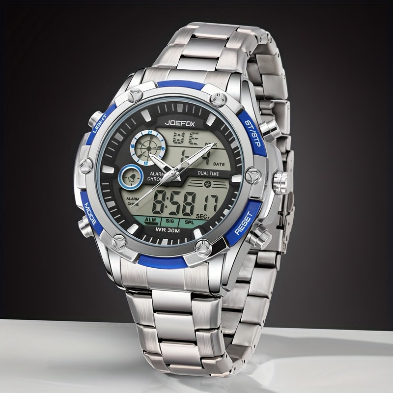 [Sport Wristwatch For Men] JOEFOX Men's Large Display Digital Watch - Stainless Steel Band, LED Backlight, 3ATM Waterproof, Chronograph, Alarm, Modern Sport Wristwatch For Men