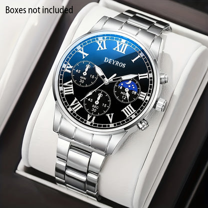 Stainless Steel Watch Set for Men 3pcs Business Chronograph Quartz Watch Necklace Bracelet World Time Analog Gift Set Professional Formal