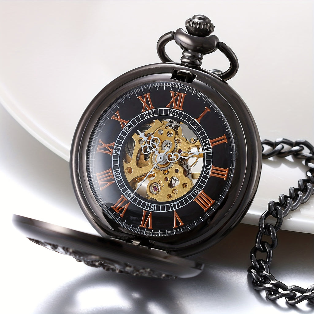 [Mechanical Golden Pocket Watch] Jewelrywe Mens Pocket Watch Mechanical Golden Case Hollow Hands Chain Hand-Winding Luxury