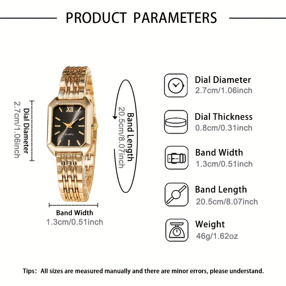 2pcs Women's Elegant Golden-Tone Watch Set - Stainless Steel Quartz Analog Wristwatches with Rectangular Dial & Round Case, Non-Shock Resistant Suitable for Casual/Dressy,,, Special Occasions