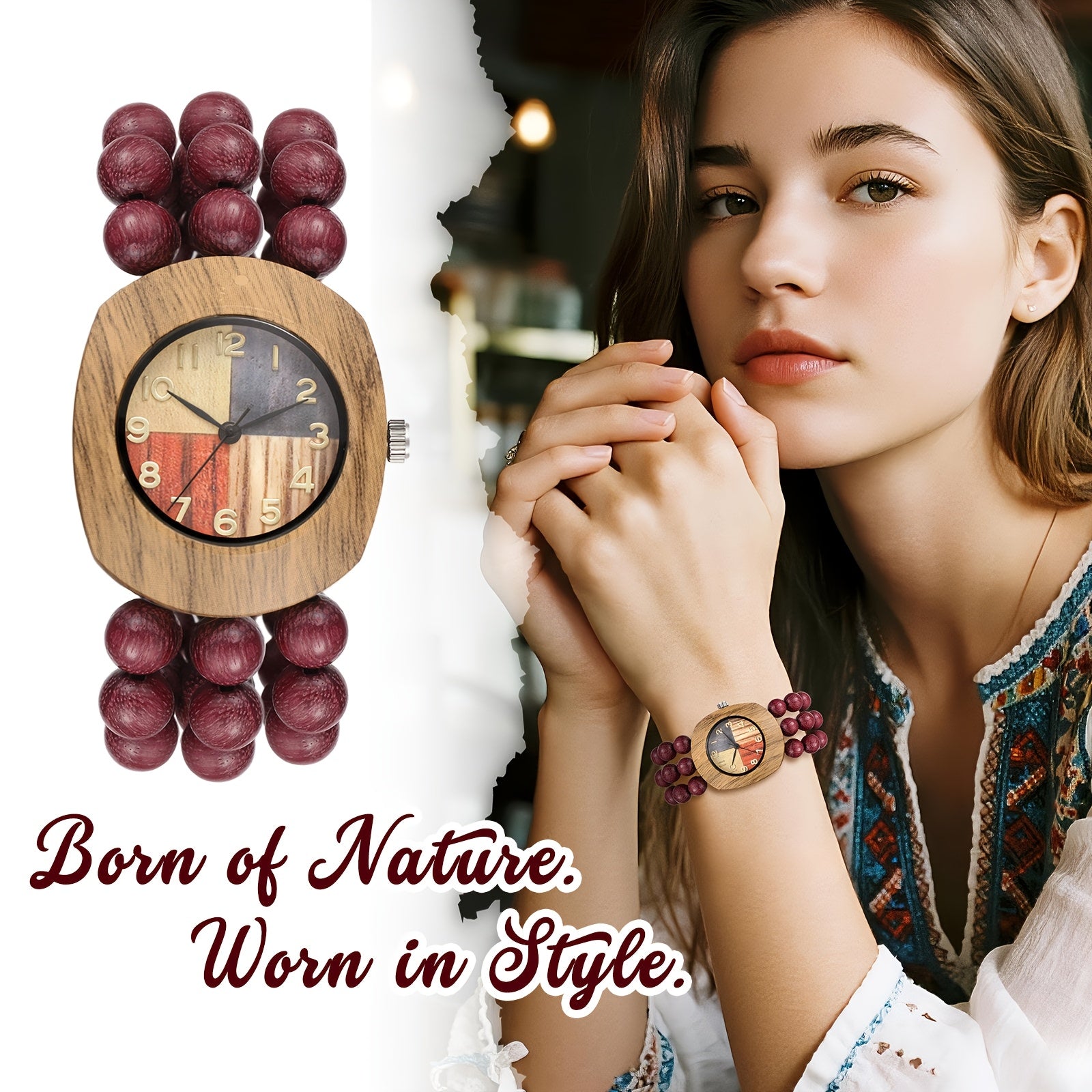 Women Wood Beaded Elastic Bracelet Band Watch Butterfly Dial Arabic Numerals Analog Quartz Boho Wristwatch