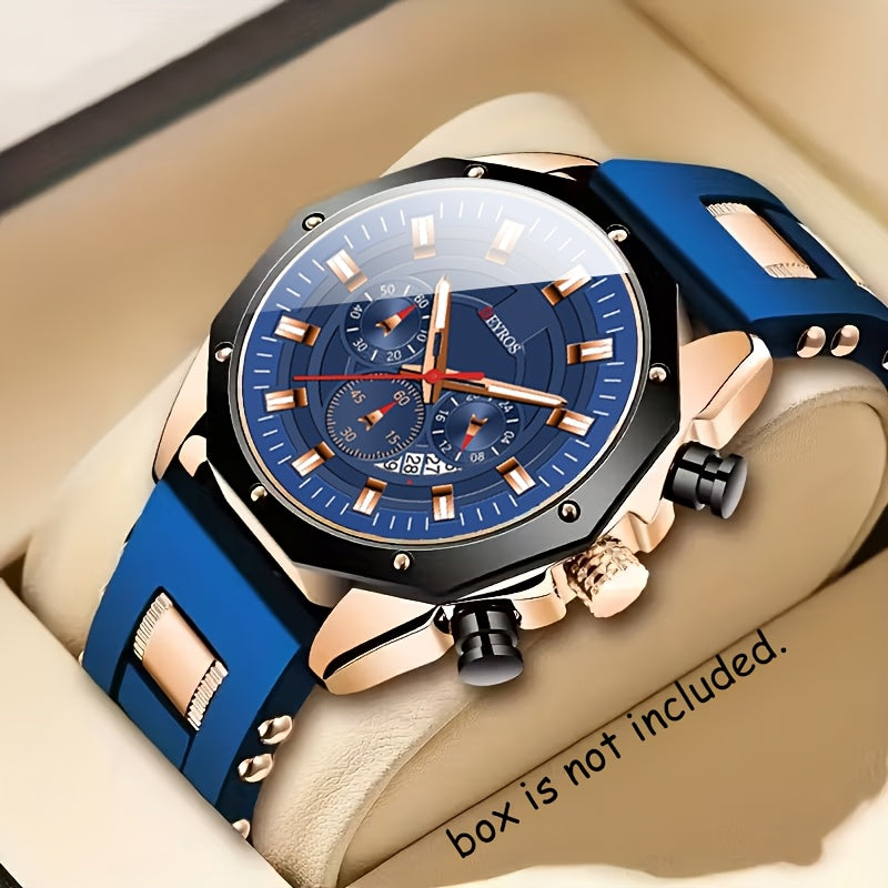 Sport Chronograph Watch for Men Vintage Large Round Dial Silicone Strap Quartz Calendar Function Zinc Alloy Case Battery Powered Gift for Him Black Rose Gold