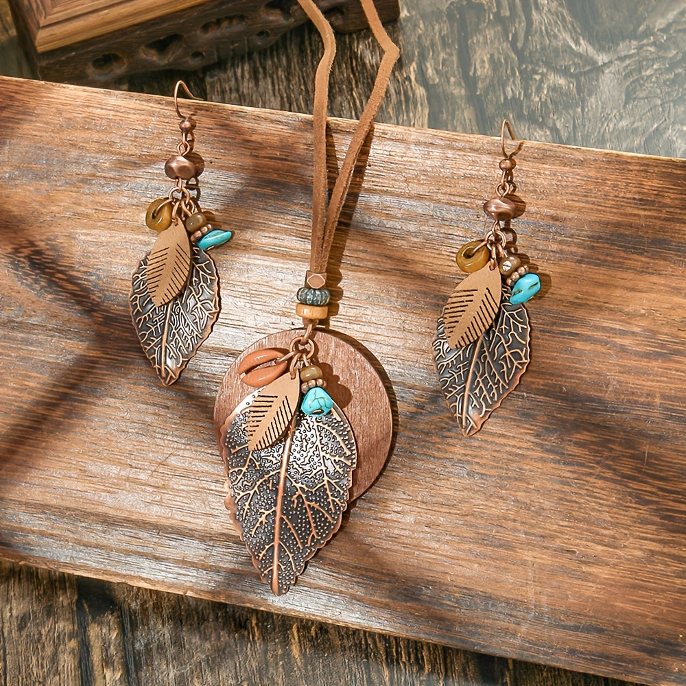 3pcs Bohemian Leaf Pendant Necklace And Earrings Set, Vintage Style Jewelry For Women, Versatile For Daily Wear And Vacation, All-Season Accessory