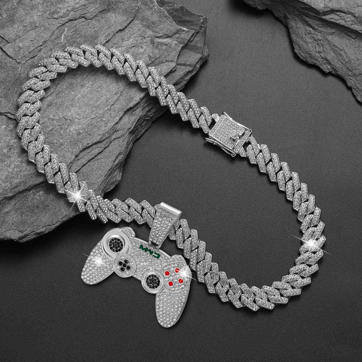 2pcs Fashionable Game Controller Pendant Necklace with Rhinestones - Men's Hip - Hop Cuban Chain, Ideal for Music Festivals, EDM Parties