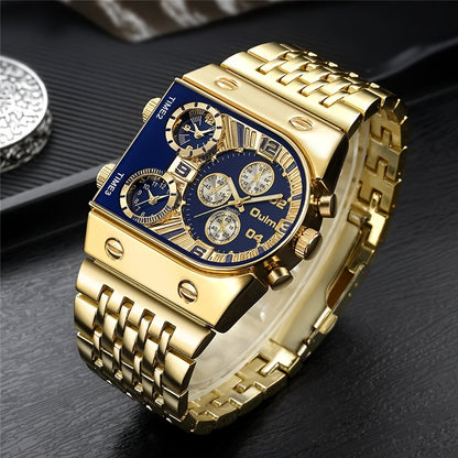 Gold Watch for Men Luxury Quartz Chronograph Roman Numeral Dial Date Multi-Timezone Alloy Band Business Formal Dress Wristwatch Golden Silver Blue Black