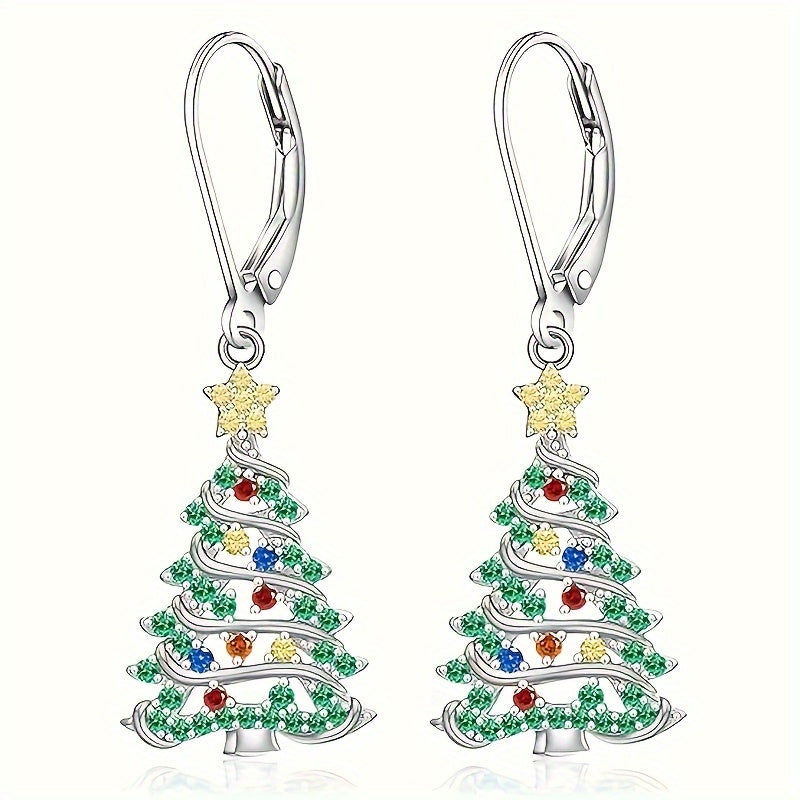S925 silver elegant Christmas tree pendant earrings with sparkling cubic synthetic Synthetic Zirconia, perfect for daily wear and party holiday gifts