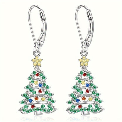 925 Silver Christmas Tree Earrings with CZ Pendant – Sparkling Cubic Zirconia Drop Earrings for Women, Elegant Holiday Jewelry Gift for Party & Daily Wear