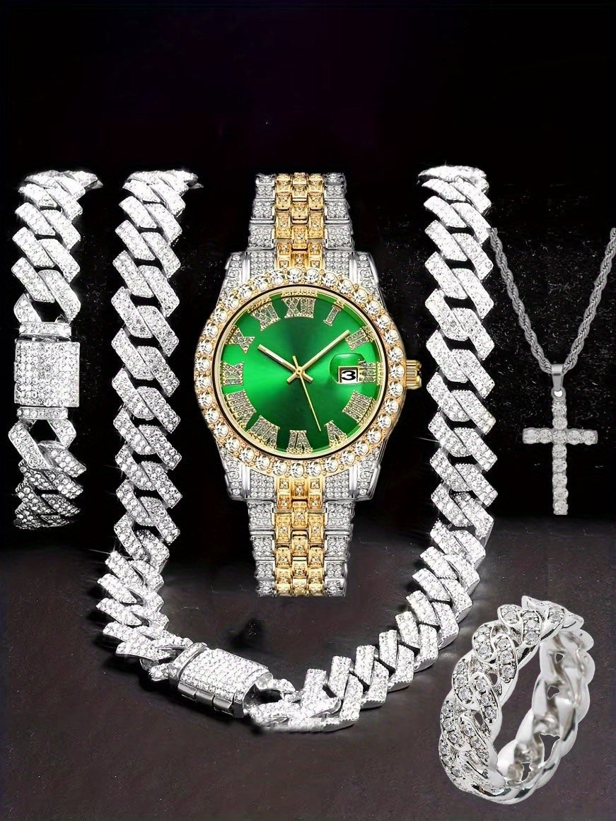 Men'S Hip Hop Set: Trendy Watch, Cuban Chain Pendant Necklace And Bracelet Combo, Stylish Men'S Additions Gift for Christmas, Birthday, Valentine'S Day, And Father'S Day