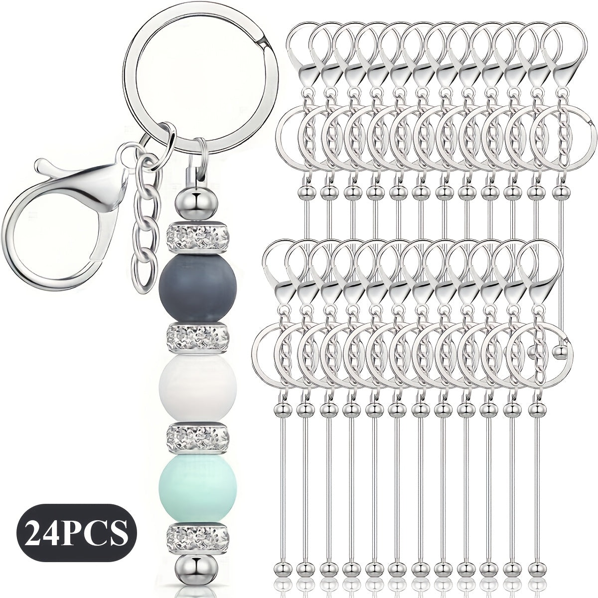 12/24pcs Stainless Steel Beadable Keychain Blanks Beaded Keychain Kit for Crafting Metal Keyring Pendant with Charms for Gifts Christmas & Halloween Gift Key Chain Pendant Production Supplies