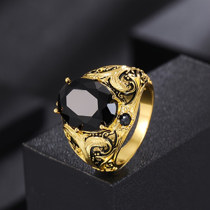 A Vintage Men'S Ring with a Black Oval Setting And Cubic Zirconia Retro Surface, Elegant Single Ring Jewelry Gift for Both Women And Men, a Daily Casual Ring, Without Battery