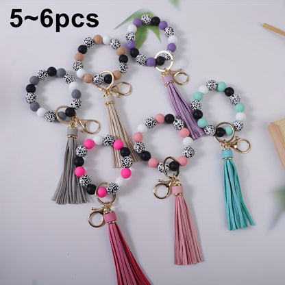 Beaded Keychain Wristband Set 5 Pcs - Leopard Print Polka Dot Fringe Charm Keychains for Women, Boho Wrist Keyring with Tassel, Cute Bag Accessory Car Key Pendant Gift Set for Women Girls