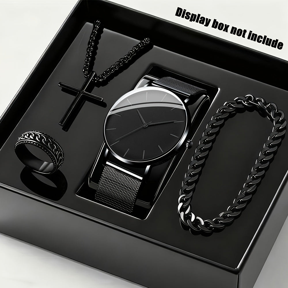 4pcs/set Men's Watch Jewelry Set, Cool Black Fashion Watch, Ring, Necklace, And Bracelet Set, The Best Gift Clock Jewelry Set, Without Box