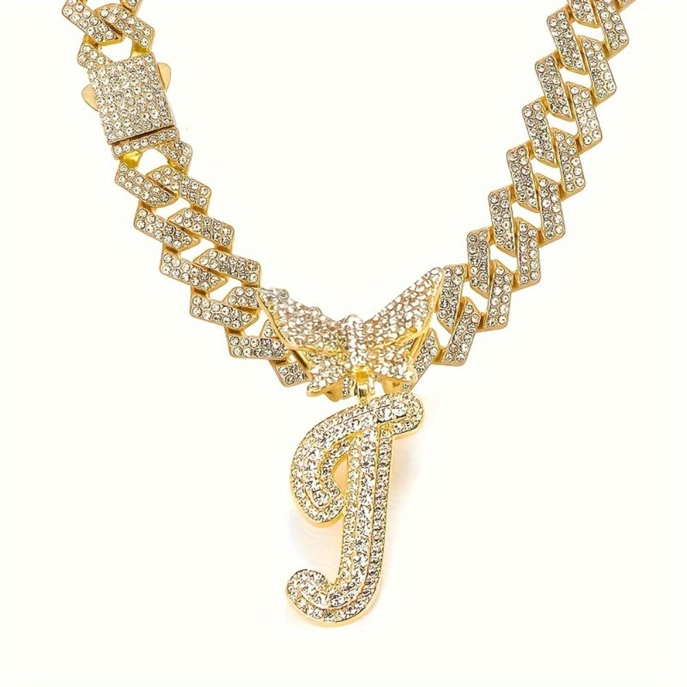 Cuban Link Chain Necklace - Initial Letter for Men Women - with Butterfly Alphabet Pendant A-Z, Gold & - product detail view