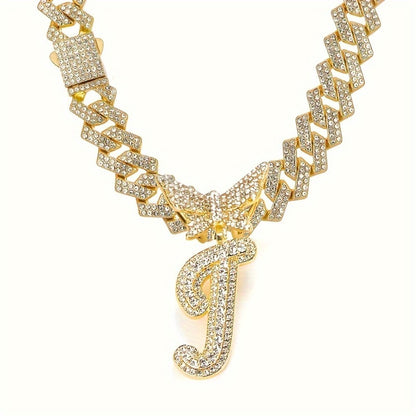 Cuban Link Chain Necklace - Initial Letter for Men Women - with Butterfly Alphabet Pendant A-Z, Gold & - product detail view