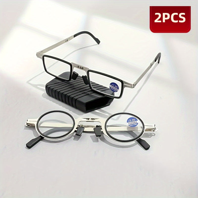 Folding Reading Glasses Blue Light Blocking 2 Pairs Stainless Steel Frame HD Portable with Case +100 to +400 Travel Men Women