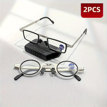 Folding Reading Glasses Blue Light Blocking 2 Pairs Stainless Steel Frame HD Portable with Case +100 to +400 Travel Men Women