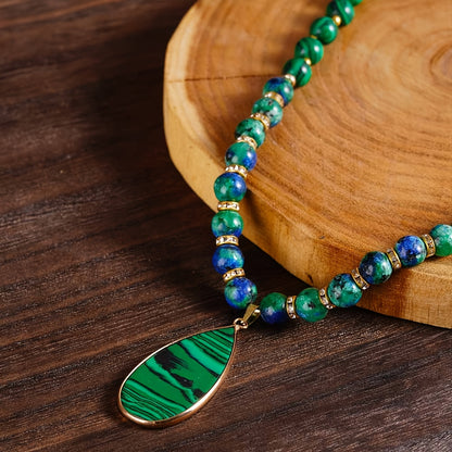 Malachite Necklace Set 2Pcs - Natural Stone Beads Lapis Lazuli Wealth Necklace, Handmade Vintage Boho Adjustable Stackable Jewelry, Attracts Fortune & Abundance, Unisex Daily Wear & Gift