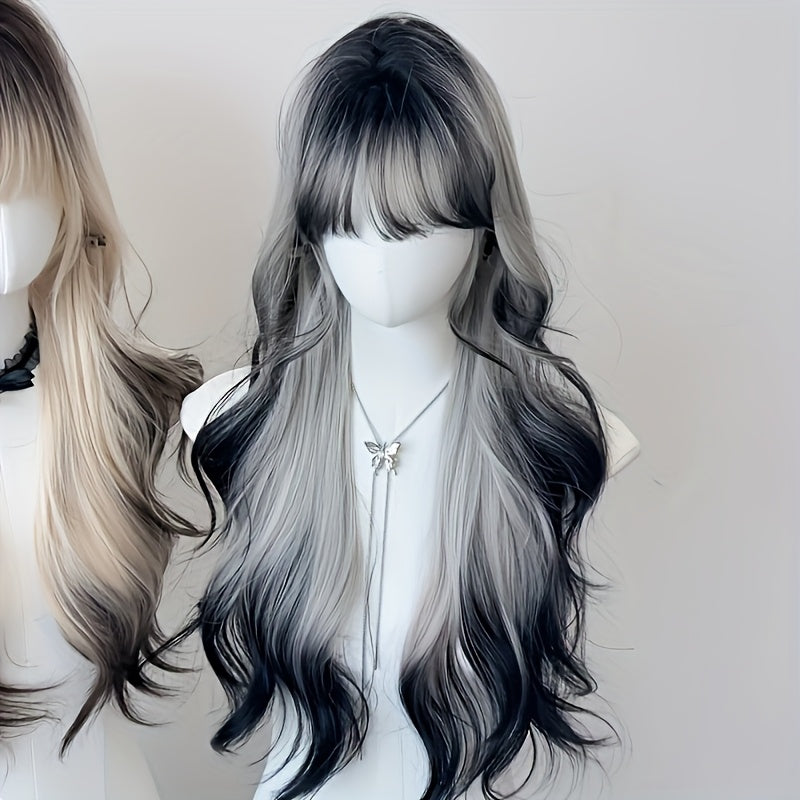 26-inch Women's Y2K Gradient Looking Wig with Bangs - Long Curly Waves ( to Ombre), Full Head Volume for Parties, Music Festivals & Daily Wear - European/American Style Hairpiece