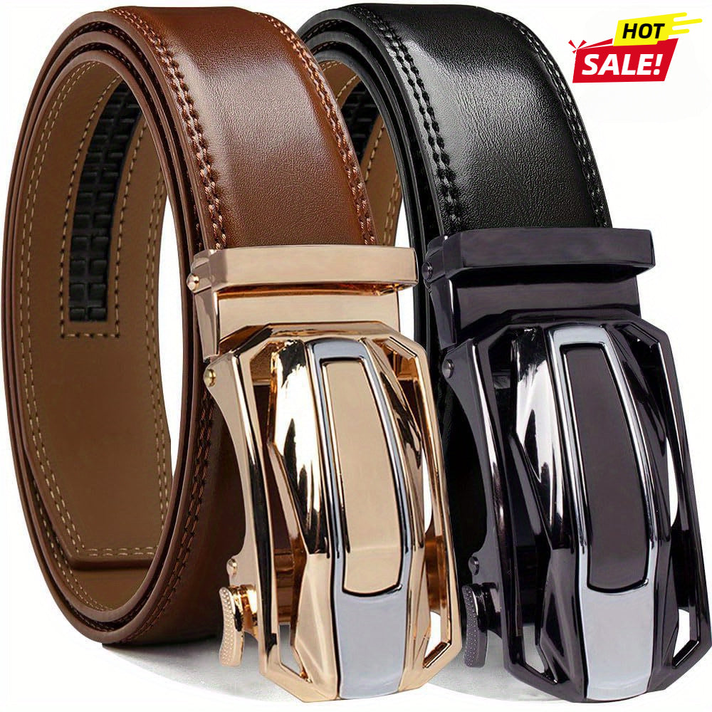 2pcs Men'S Ratchet Leather Belt Set - Sliding Belt Adjustable For Gift Mens Dress Fashion Belts1 3/ 8", Christmas Gift Ideal Men'S Belt Accessory