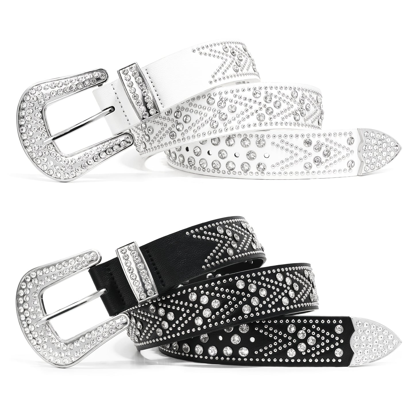 Rhinestone Studded Belt for Women Men - Bling Y2K Western Cowboy Cowgirl Faux Leather Belt with Metal Buckle, Black White Brown Red, Sizes 28-44 (Waist 25"-44")