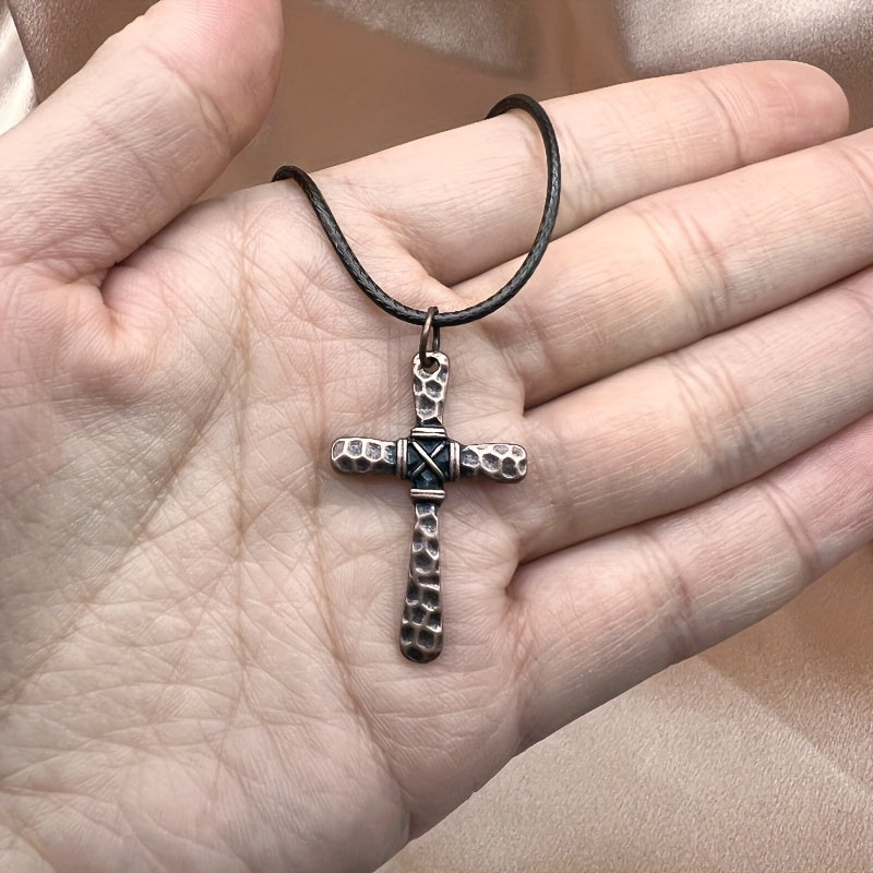 Vintage Hammered Copper Cross Necklace with Wire Wrapping - Unisex Christian Jewelry