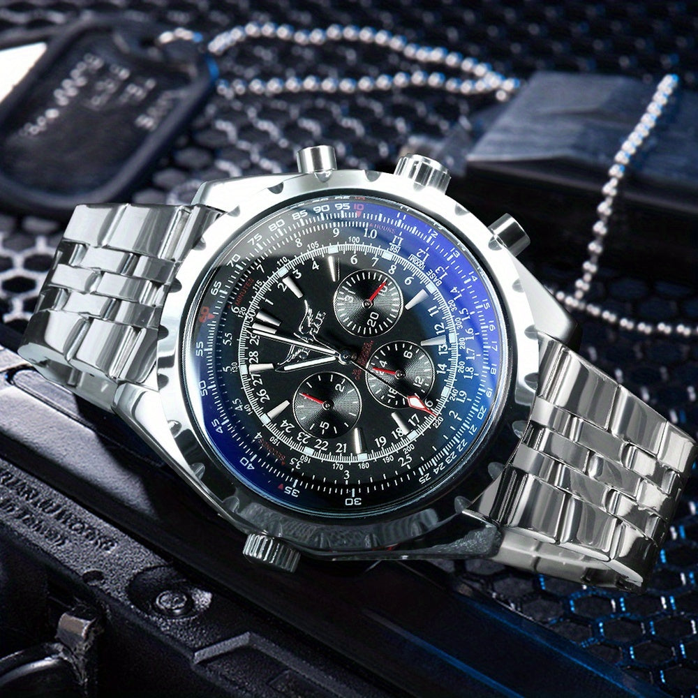 Men's Pilot Automatic Mechanical Watch – Multifunctional Sub-Dials, Week & 24H Display, Date Calendar, Stainless Steel Case, Business Casual Luxury Wristwatch