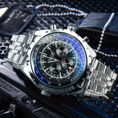 Men's Pilot Automatic Mechanical Watch – Multifunctional Sub-Dials, Week & 24H Display, Date Calendar, Stainless Steel Case, Business Casual Luxury Wristwatch