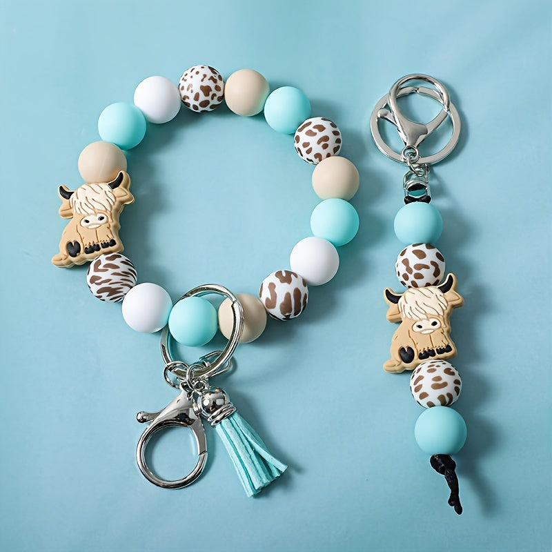 2pcs/set Vintage Cartoon Mint Green Yak Keychain Pendant Western Cowboy Style Handmade Beaded Keychain Bag Clasp Fringed Wrist Key Ring Accessory Perfect Gift for Friends