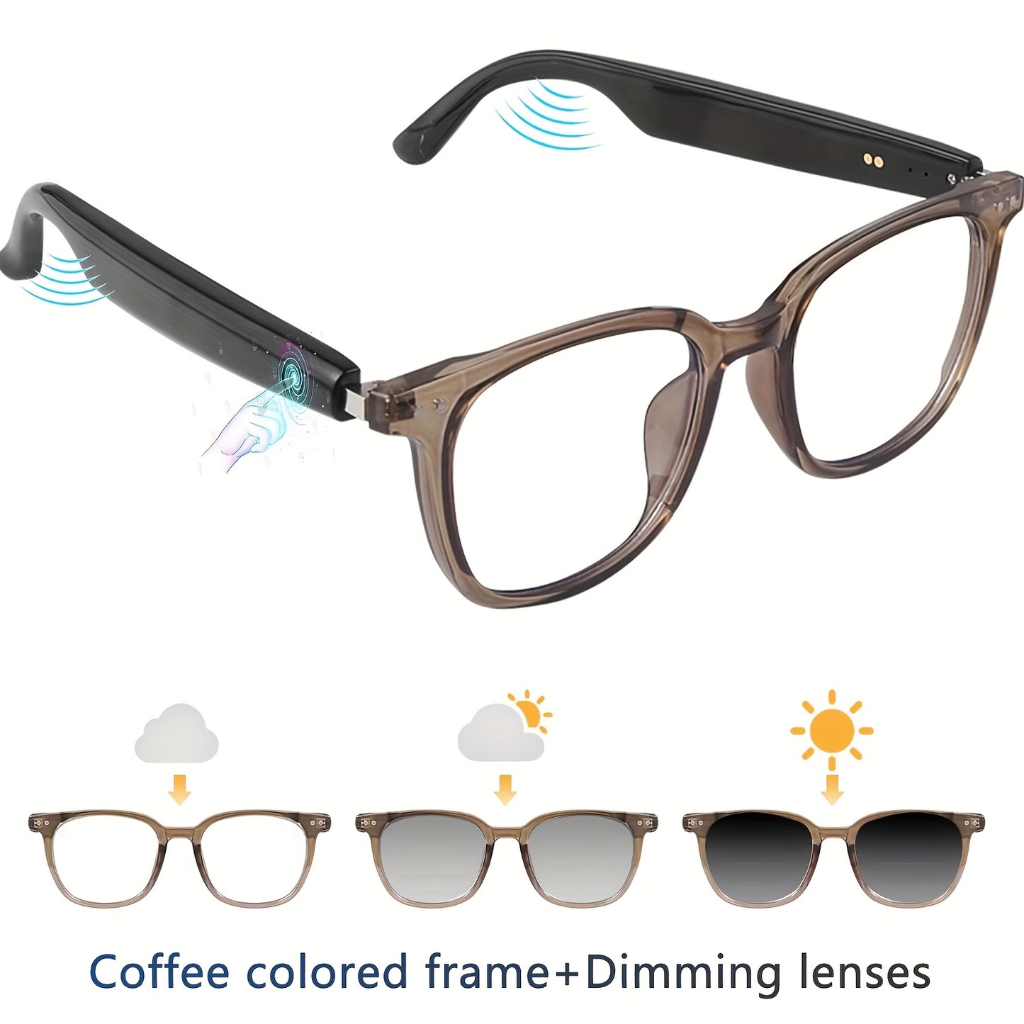 Smart Audio Glasses with Photochromic Lenses - Bluetooth Sunglasses for Music Calls Driving Sports, Anti Blue Light Auto Color Changing Unisex Eyewear in Gray Blue Black Transparent Coffee Yellow Silver