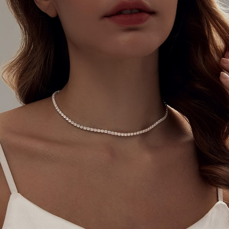 3pcs Set 925 Silvery Ladies Necklace Bracelet with Moissanite Delicate Silvery Choker Necklace Bracelet Stud Earrings Jewelry Set Gift for High Quality Women's Jewelry