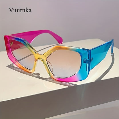 Polygonal Sunglasses Women Trendy Geometric Frame UV400 Gradient Multicolor Lightweight Fashion Shades with Case for Beach Vacation Travel Daily Wear Unisex Stylish Eyewear