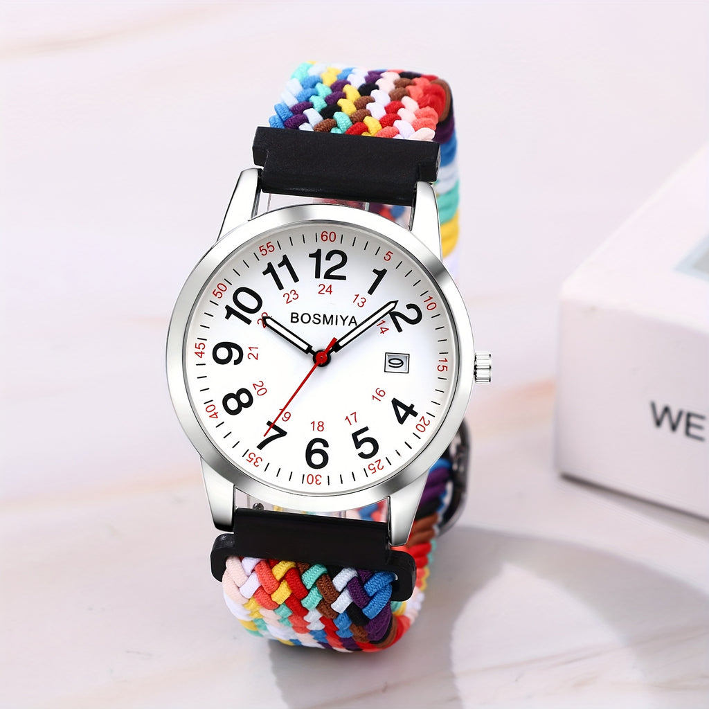 Analog Quartz High Definition Easy to Read Large Digital Calendar Dial Flexible Adjustable Elastic Braid Strap 24 Hours Standard Quartz Watch