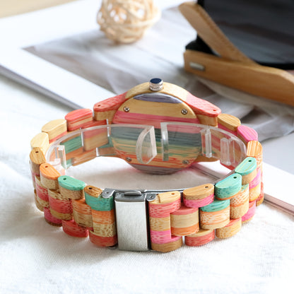 Bamboo Wood Women's Quartz Watch — Multicolor Natural Wooden Bracelet Wristwatch, Eco-Friendly Casual Style, Unique Gift for Women & Ladies