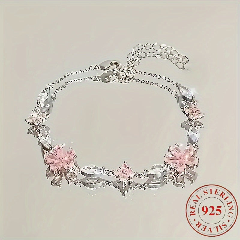 1 Women's S925 Silver Pink Cherry Blossom Bracelet, Fashionable, Cute, Exquisite Square Synthetic Synthetic Zirconia Petal Cherry Blossom Bracelet Adjustable