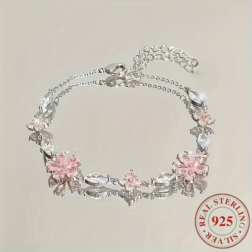 1 Women's S925 Silver Pink Cherry Blossom Bracelet, Fashionable, Cute, Exquisite Square Synthetic Synthetic Zirconia Petal Cherry Blossom Bracelet Adjustable