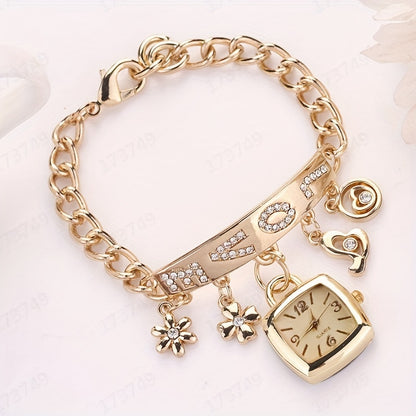 Women's Bracelet Watch LOVE Quartz Roman Numeral Square Dial Flower Decor Dress Watch Ladies Fashion Gift for Anniversary Birthday Christmas