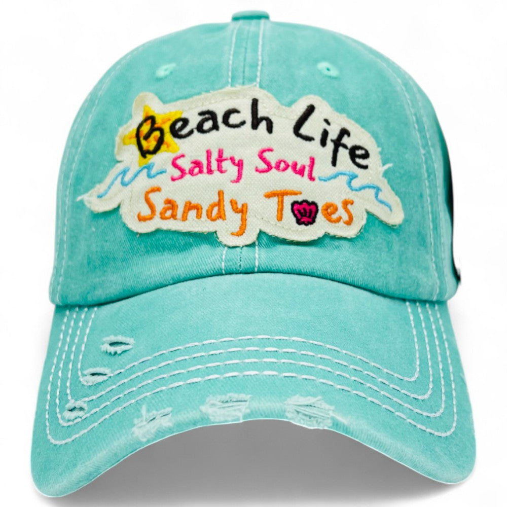 "Beach Life Salty Soul Sandy Toes" Baseball Cap-Local Artist Designed, Vintage, Distressed, Embroidered, 100% Cotton, UV Protection, Adjustable