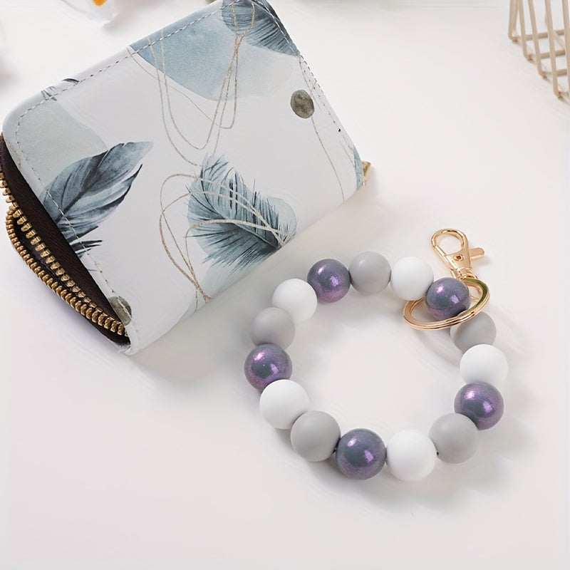 1pc Fashionable And Elegant Bright Bead Bead Wrist Keychain Printed Organ Storage Bag ID Storage Bag Clip Women'S Zero Wallet Keychain Gift For Friends And Mothers