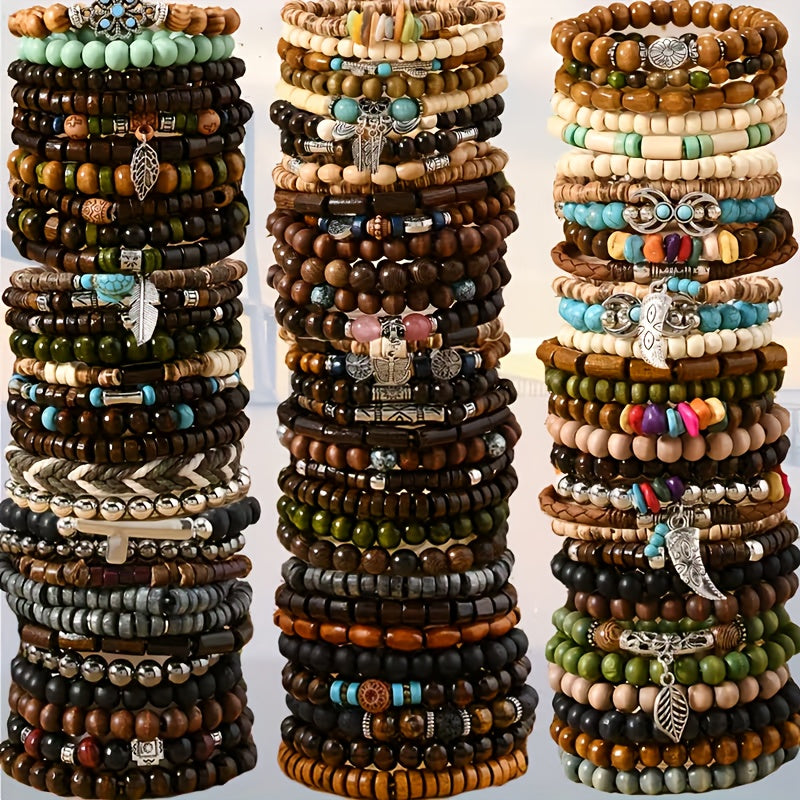 [Bohemian Wooden Beaded] 42pcs Set Vintage Style Bohemian Wooden Beaded Random Bracelets, Fashionable Stacking Bracelet Set For Women, Ethnic Men's Outdoor Accessory Collection