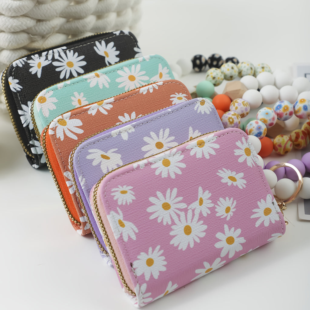 A Women's Small Daisy Fresh, Fashionable, and Sweet Accordion Cardholder Keychain. Zipper Pouch with Printed Beads, Hand-beaded Wrist Keychain. Multi-card Slot Cardholder. Women's Wrist Keyring. Bag Charm. Gift for Mom or Friend