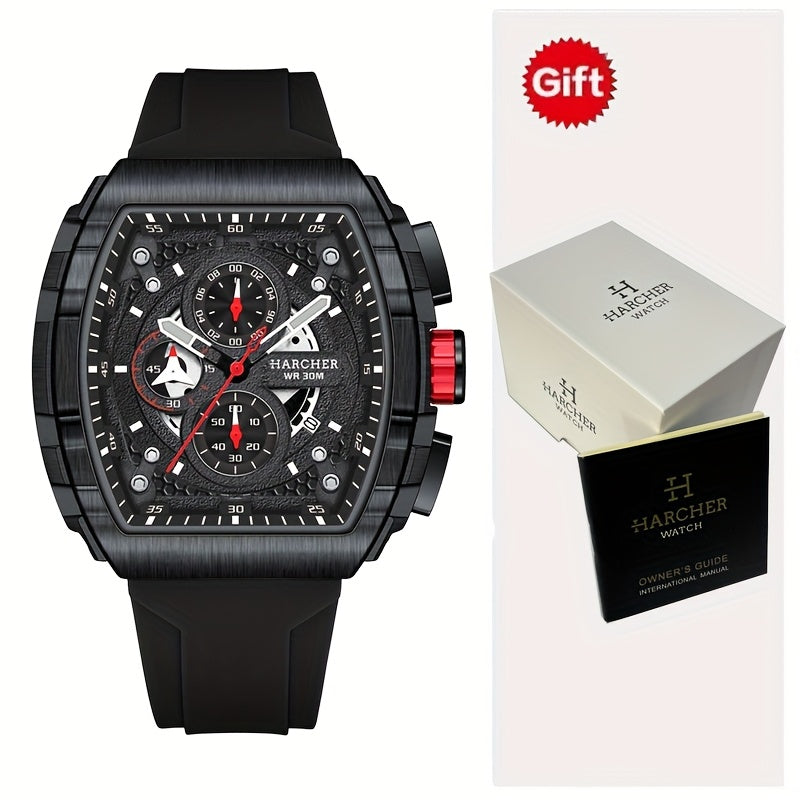 Chronograph Watch for Men Luxury Tonneau Sport Quartz Wristwatch Luminous Waterproof Racing Silicone Band 3ATM Multi-Function Fashion Watch