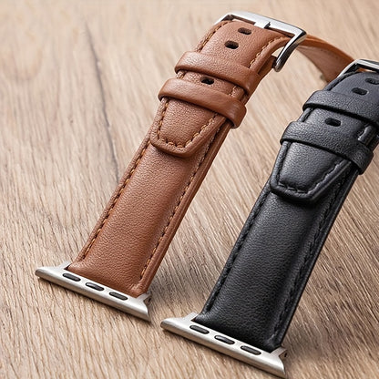 Apple Watch Band Leather Calfskin | Compatible with Series Ultra 2/9/8/7/6/5/4/3/SE, 38mm 40mm 41mm 42mm 44mm 45mm 49mm, Preppy Style Deployant Clasp Replacement Strap for Men & Women