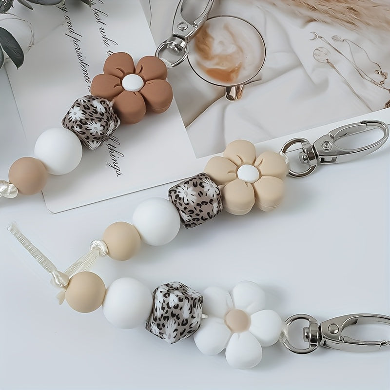 Flower Bead Keychain Set 3 Pcs - Cute Mini Floral Beaded Keychains for Women Girls, Handmade Aesthetic Flower Keyring Bag Charm, Boho Cottagecore Keychain Accessories Holiday Gift Set