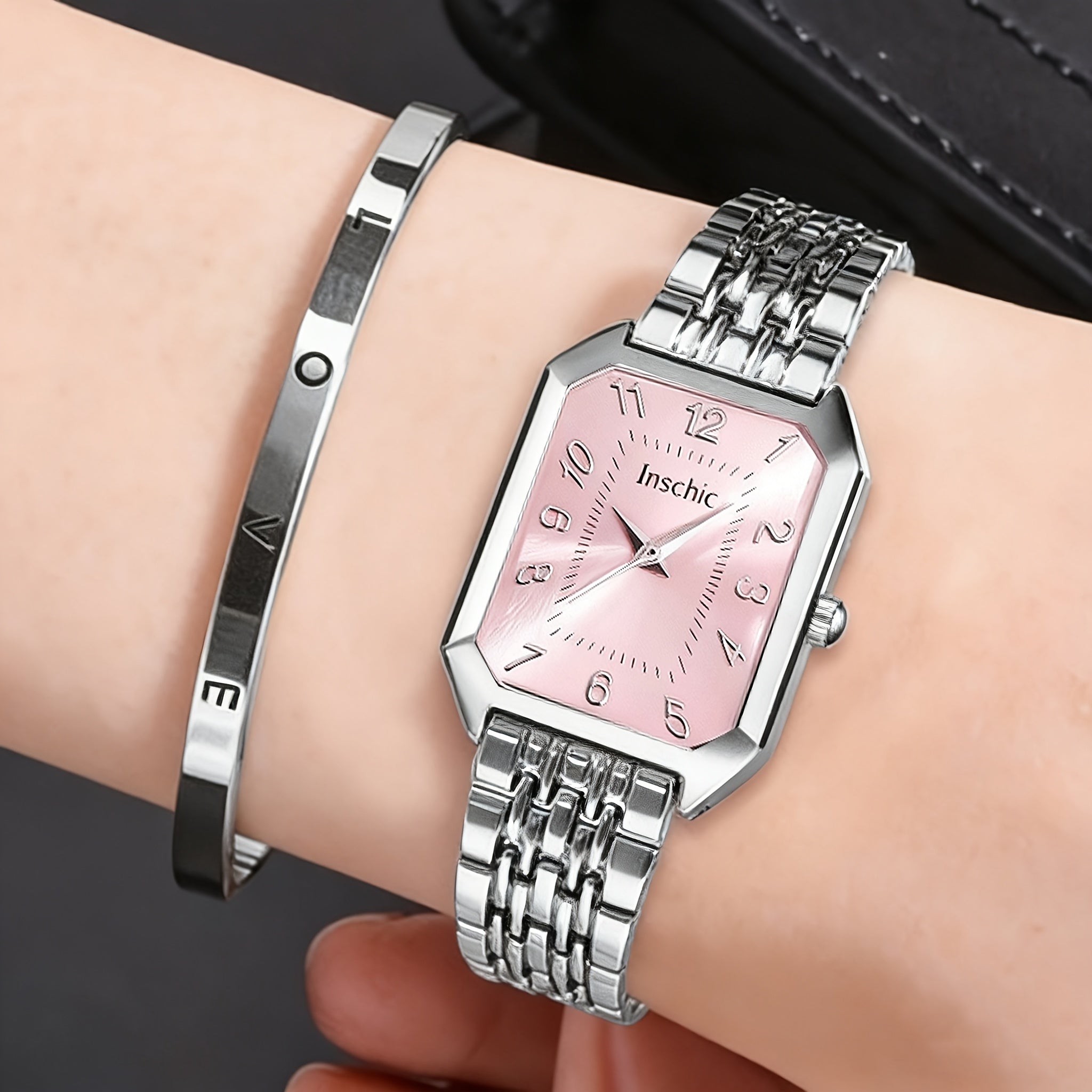 A 2pcs Women's Watch Gift Set Featuring a Trendy Open Bangle Combination with a Casual Quartz Watch, Classic Vintage Rectangular Dial Watches for Men, Christmas, Birthday Gifts, Reloj Para Hombre.(Box Not Included).