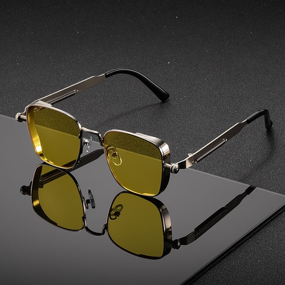 Retro Steampunk Style Square Sunglasses for Men And Women - Vintage Metal Frame with Gradient Green Lenses, Including Eyeglass Cloths And an Eyeglass Case - Cool And Edgy Look for Parties, Streetwear, Festivals - UV400 Protection - Unique Gift Idea