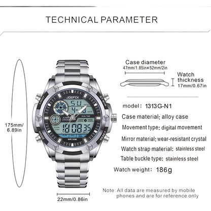 JOEFOX Men's Digital Sport Watch Large Display LED Backlight Stainless Steel Band 3ATM Waterproof Chronograph Alarm Wristwatch Black Blue