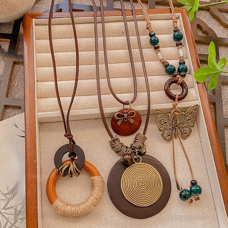 4pcs Bohemian Necklace Set for - Wood & Alloy Pendants with Butterfly, Leaf, Bead & Disc Charms - Multi-Color Bead Chains (Brown/Tortoiseshell) - Boho Gift Collection for Daily Wear, Parties & Vacations